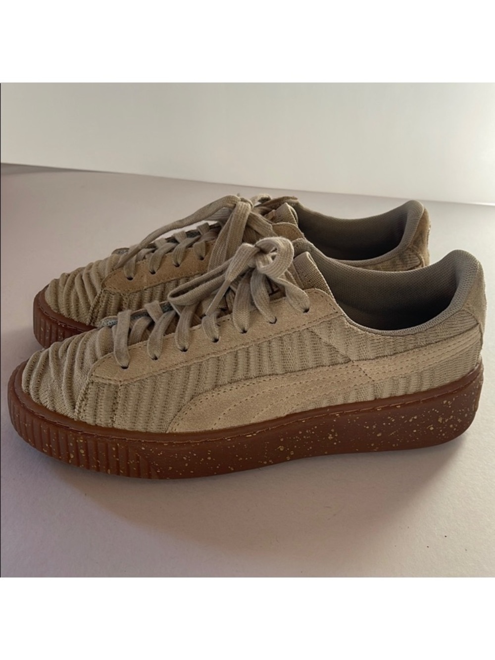 Puma Beige Textured Sneakers with Brown Speckled Sole